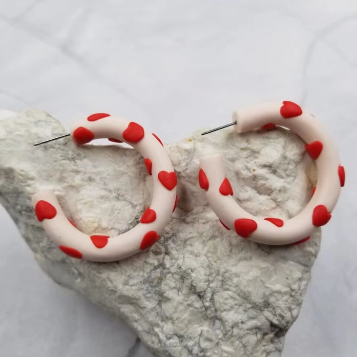 Red Heart Hoop Clay Earrings