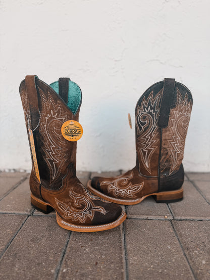 Corral Brown Flames Lamb Embroidery Square Toe Boot