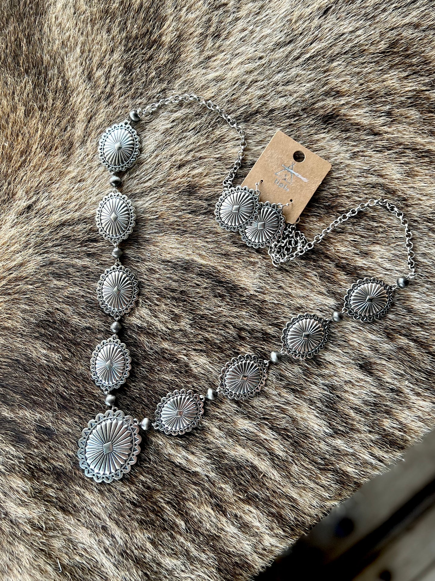 Silver Concho Statement Necklace & Earring Set