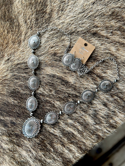 Silver Concho Statement Necklace & Earring Set
