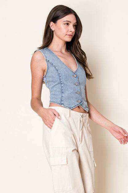 Denim Button Up Fitted Vest