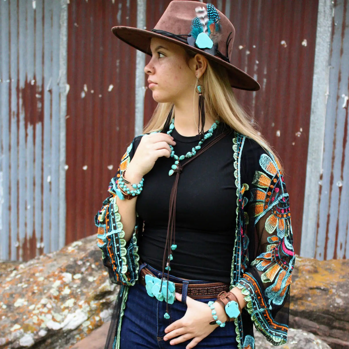 Turquoise Drop Earrings w/ Black Leather Tassel