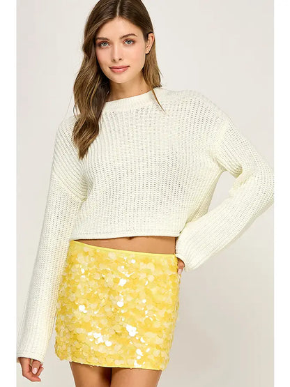 Waffle Knit Off-White Cropped Sweater