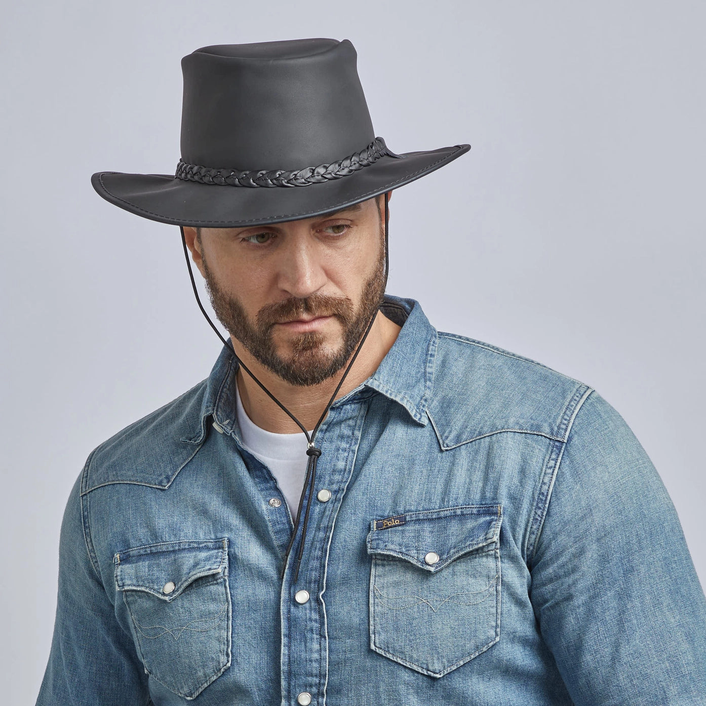 Leather Crushable Outback Hat - Black