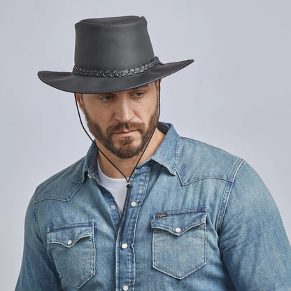 Leather Crushable Outback Hat - Black