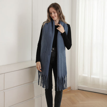 Cozy Oversized Fringe Scarf - Navy Blue