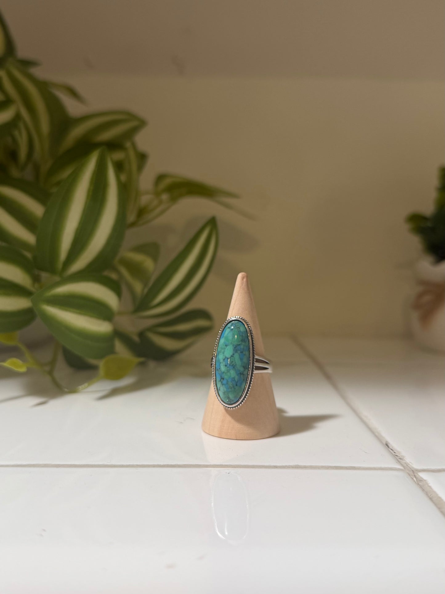Sterling Silver Handmade Elongated Oval Turquoise Ring - Size 7
