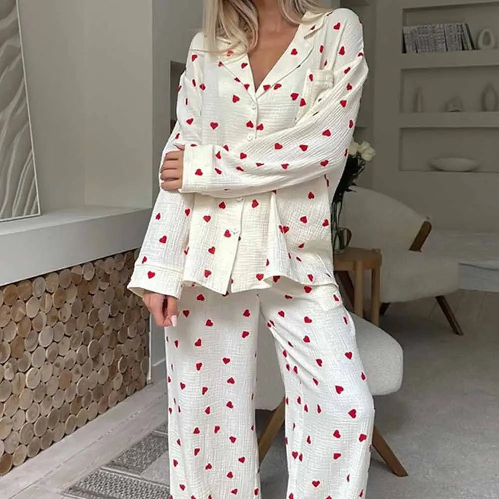 Heart Print Button Up Lounge Set