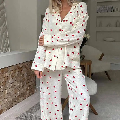 Heart Print Button Up Lounge Set