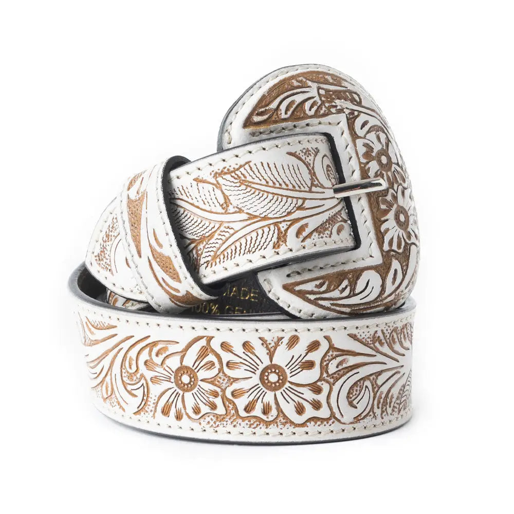 High Desert Women's Hand Tooled White Leather Belt