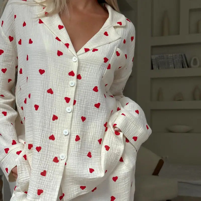 Heart Print Button Up Lounge Set