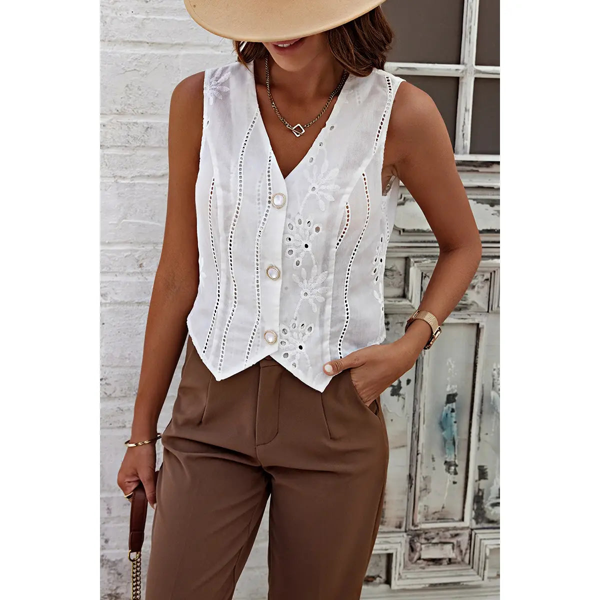 White Embroidered Button Down Vest