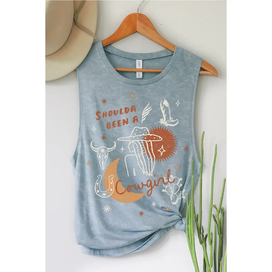 Denim Wash Cowgirl Graphic Tank Top