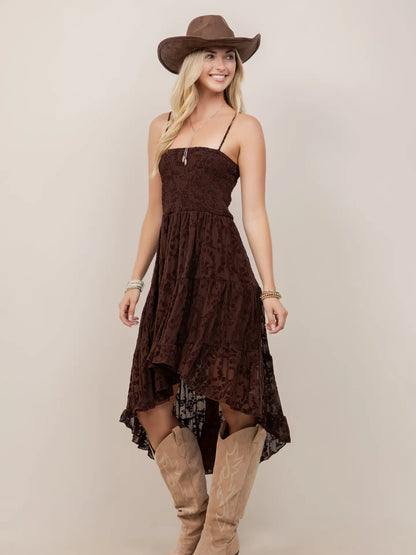 Brown Smocking Detail High-Low Dress