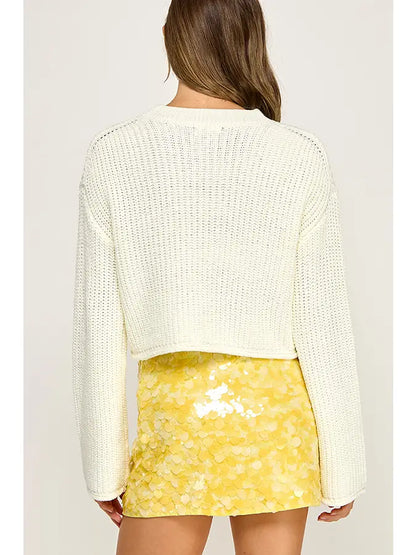 Waffle Knit Off-White Cropped Sweater