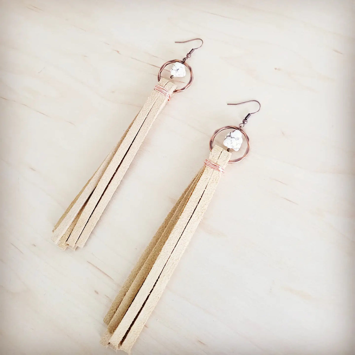 Turquoise Drop Earrings w/ Cream Leather Tassel
