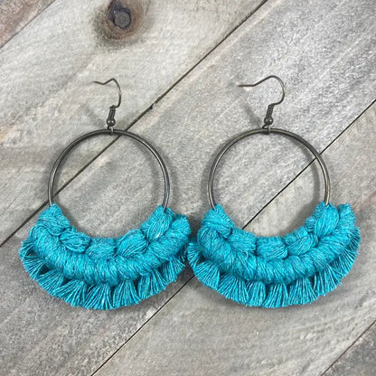 Round Fringe Earrings - Teal & Bronze