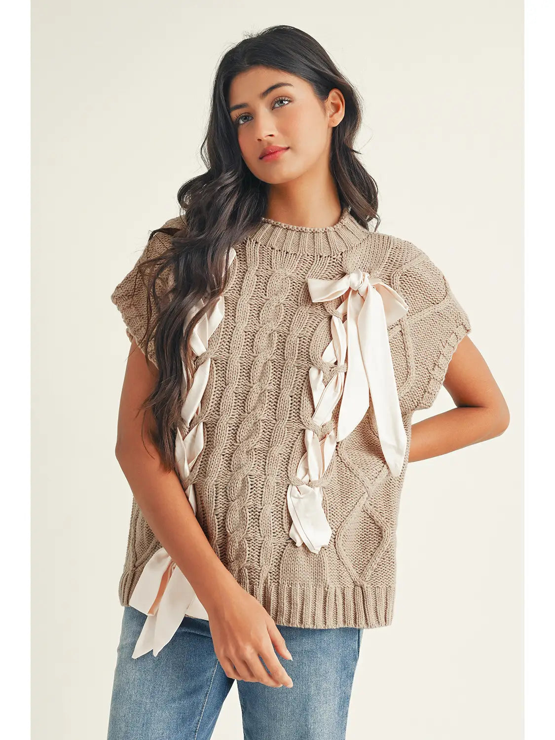 Cable Knit Bow Detail Short Sleeve Sweater