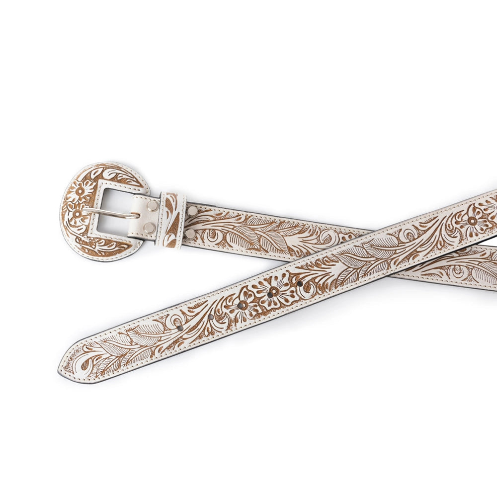 High Desert Women's Hand Tooled White Leather Belt