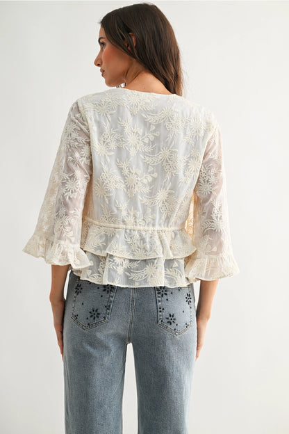 Boho Embroidered Cream Bell Sleeve Blouse
