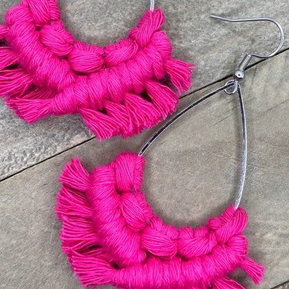 Large Teardrop Fringe Earrings - Hot Pink