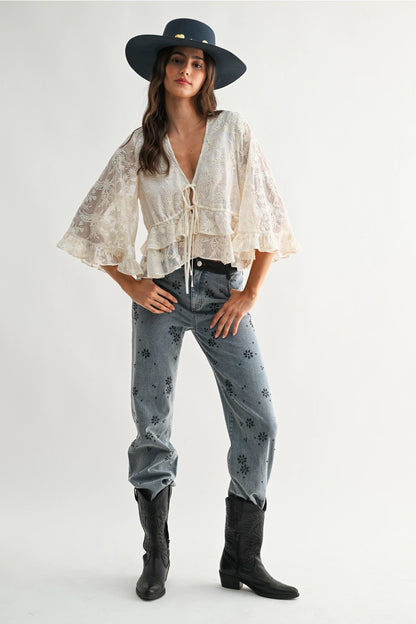 Boho Embroidered Cream Bell Sleeve Blouse
