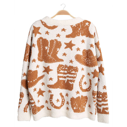 Western Pattern Crew Neck Sweater