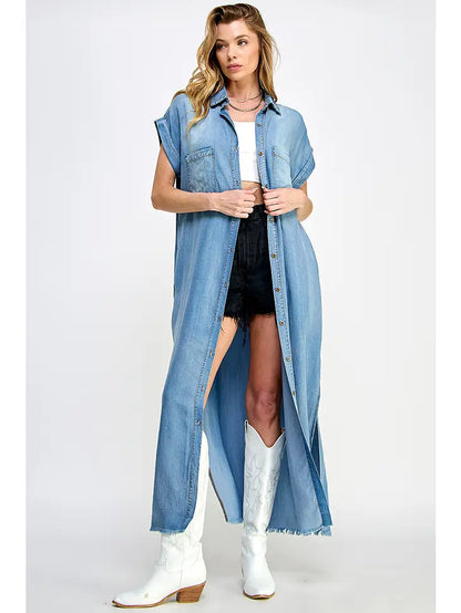 Bleachout Short Sleeve Denim Maxi Dress