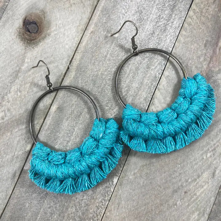 Round Fringe Earrings - Teal & Bronze