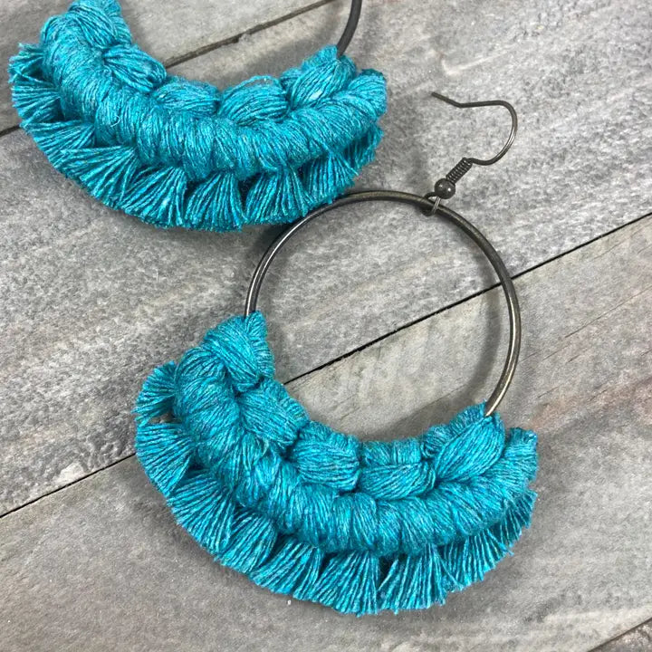 Round Fringe Earrings - Teal & Bronze