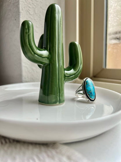 Hand-Stamped Sterling Bezel Oval Turquoise Ring - Size 7