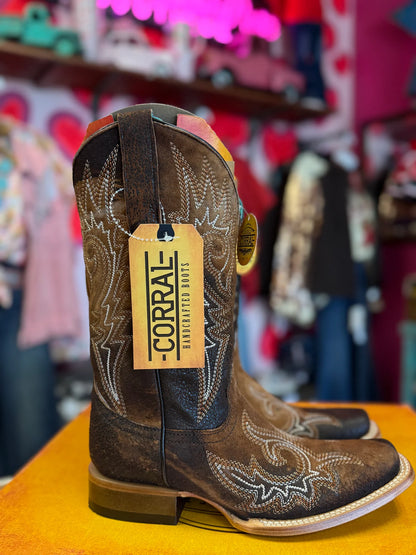 Corral Brown Flames Lamb Embroidery Square Toe Boot