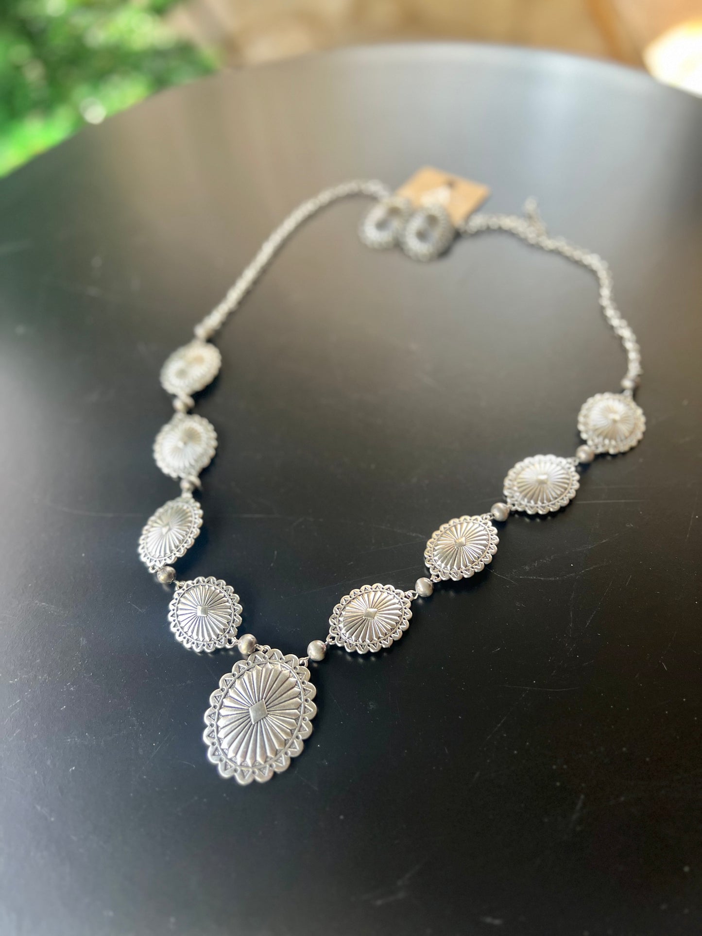 Silver Concho Statement Necklace & Earring Set