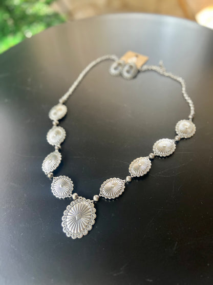 Silver Concho Statement Necklace & Earring Set