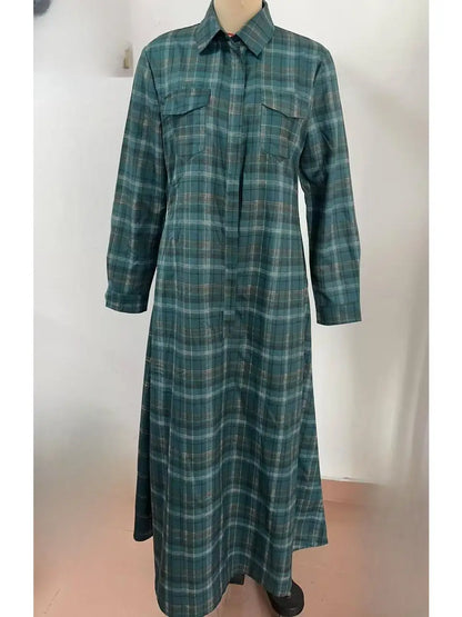 Green Plaid Long Sleeve Button Up Maxi Dress