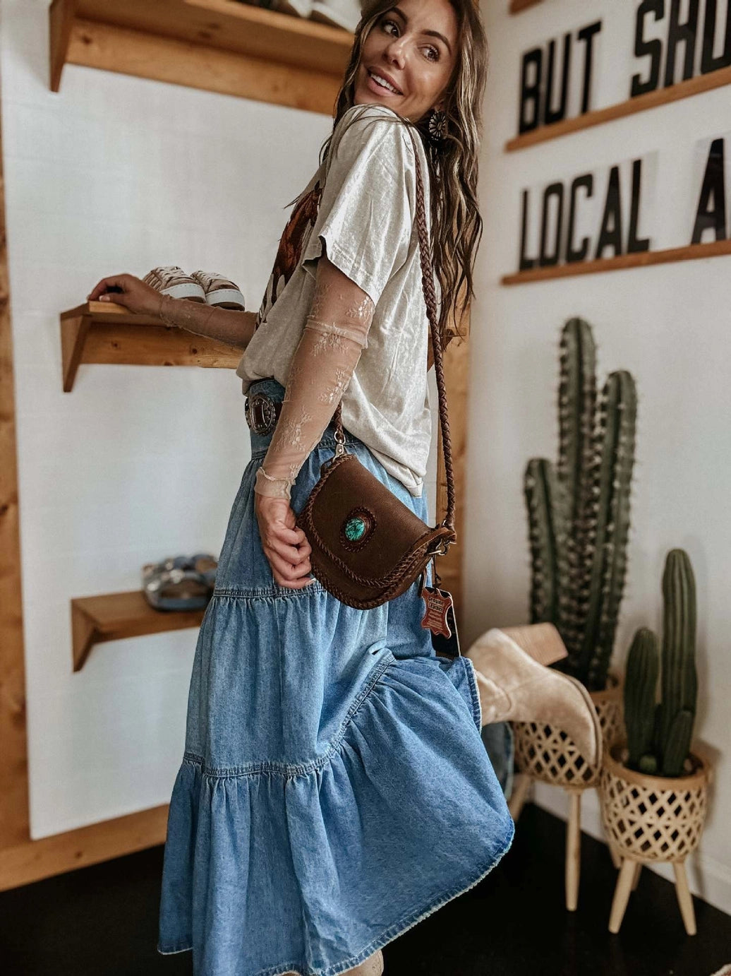 Tiered Denim A-Line Western Skirt