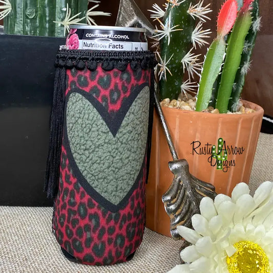 Slim Cheetah Heart Fringe Koozie