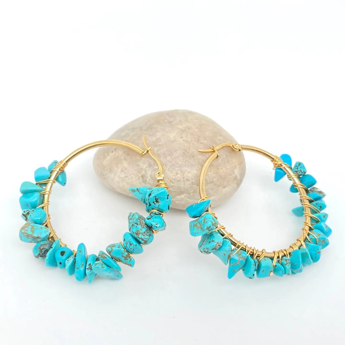 Natural Stone Hoop Earrings - Turquoise