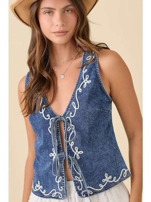 Denim Vest w/ Front Tie and Embroidery
