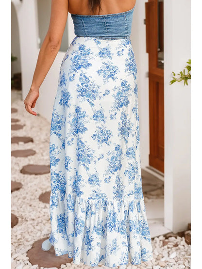 Blue Boho Ruffle Floral Skirt
