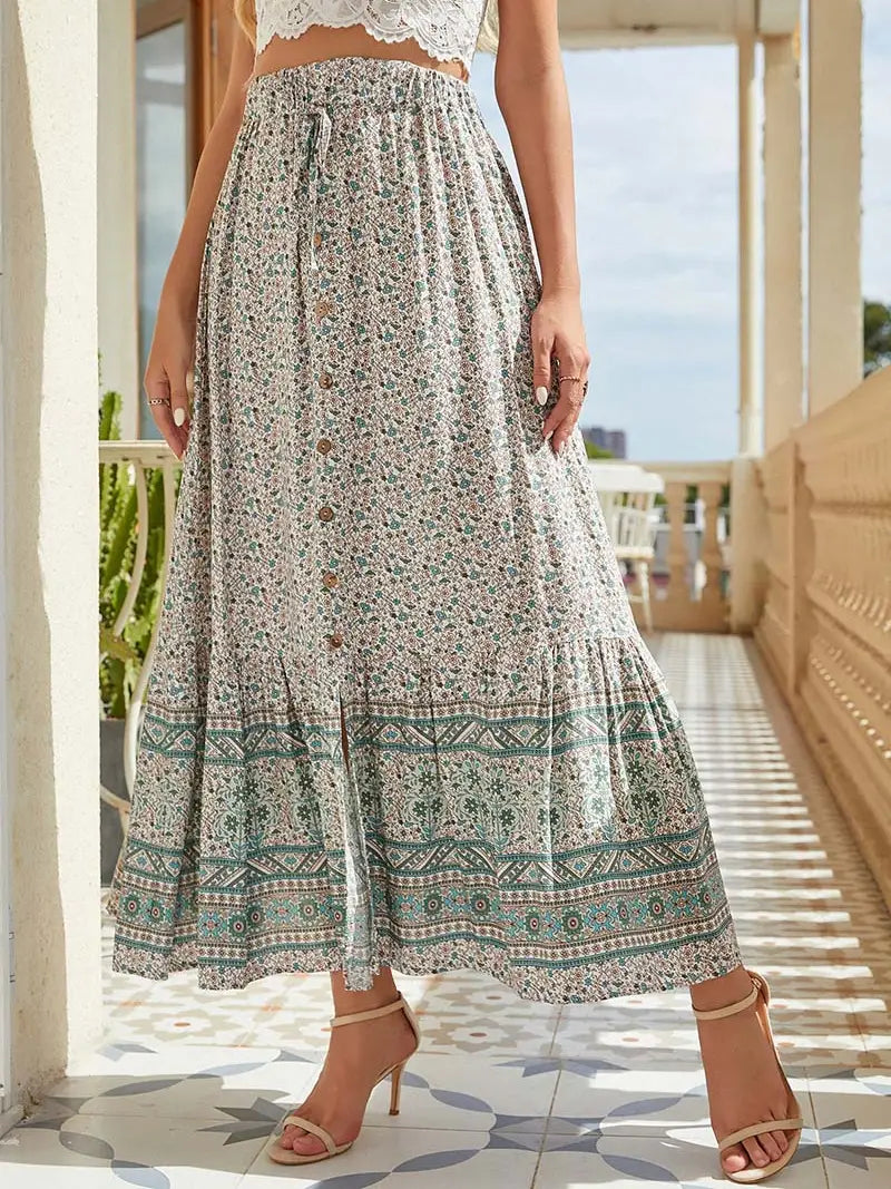 Green Floral Button Down Maxi Skirt