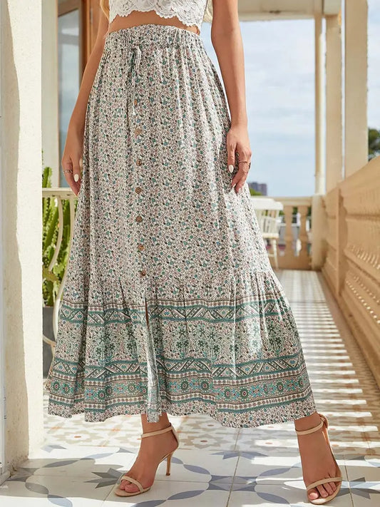 Green Floral Button Down Maxi Skirt