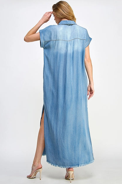 Bleachout Short Sleeve Denim Maxi Dress