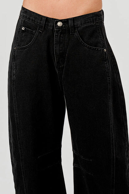 Ladies Mid Rise Black Barrel Jeans