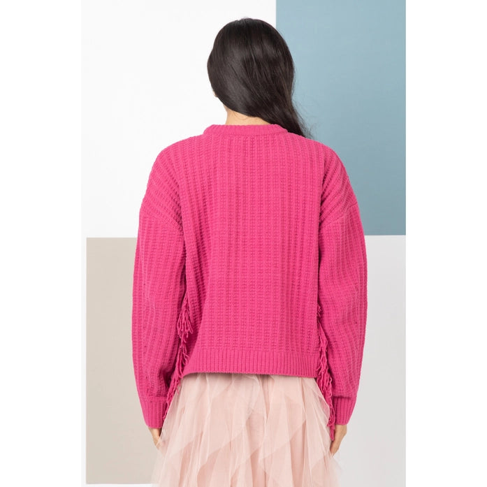 Pink Fringe Sleeve Knit Sweater