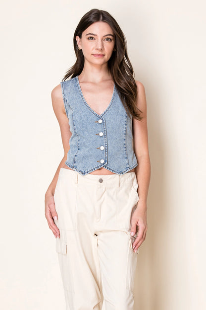 Denim Button Up Fitted Vest