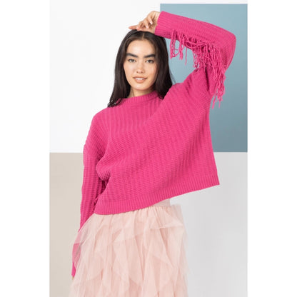 Pink Fringe Sleeve Knit Sweater