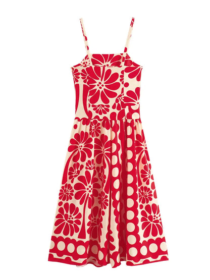Red Floral Sleeveless Midi Dress
