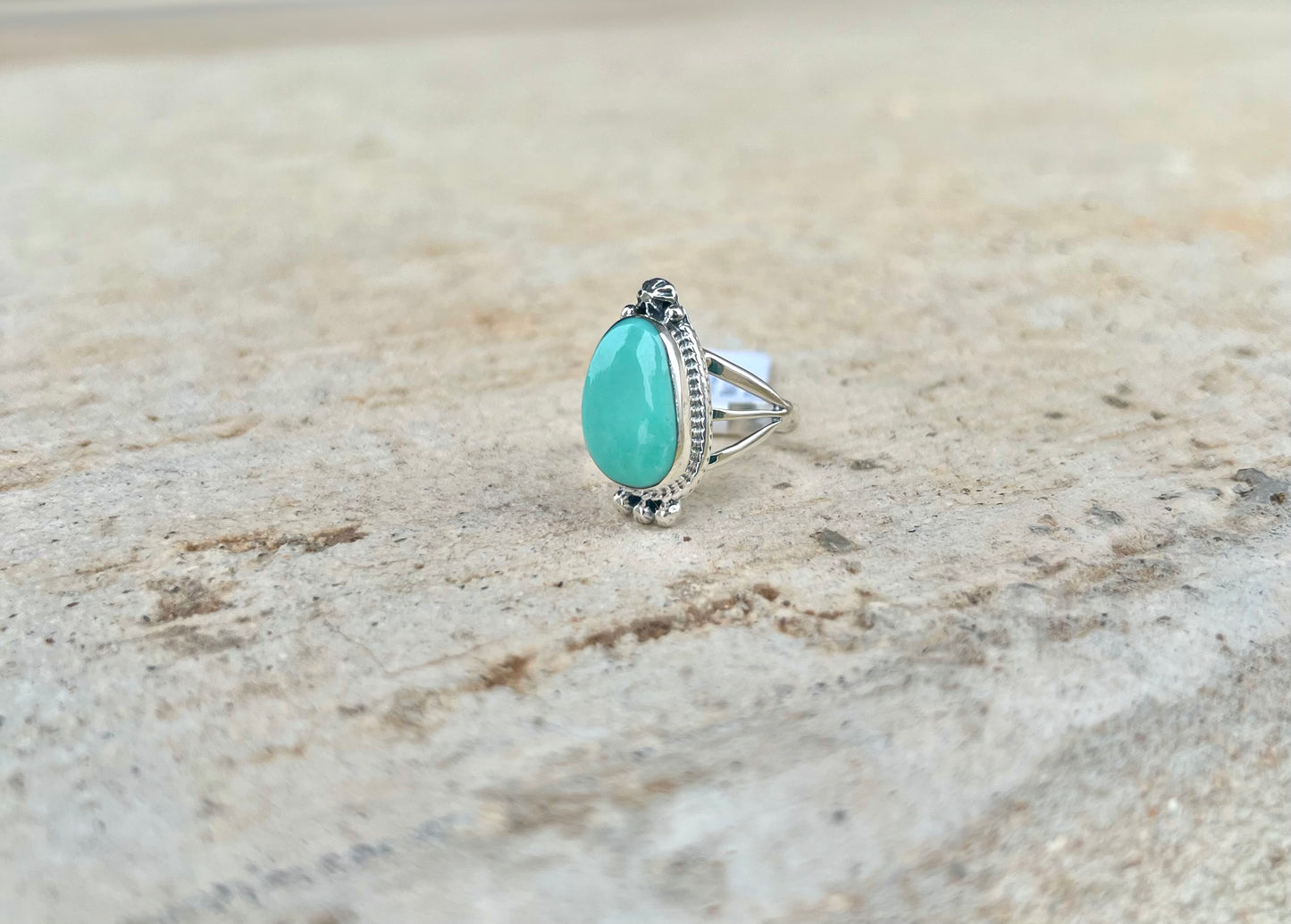 Ornate Sterling Bezel Kingman Turquoise Ring - Size 7