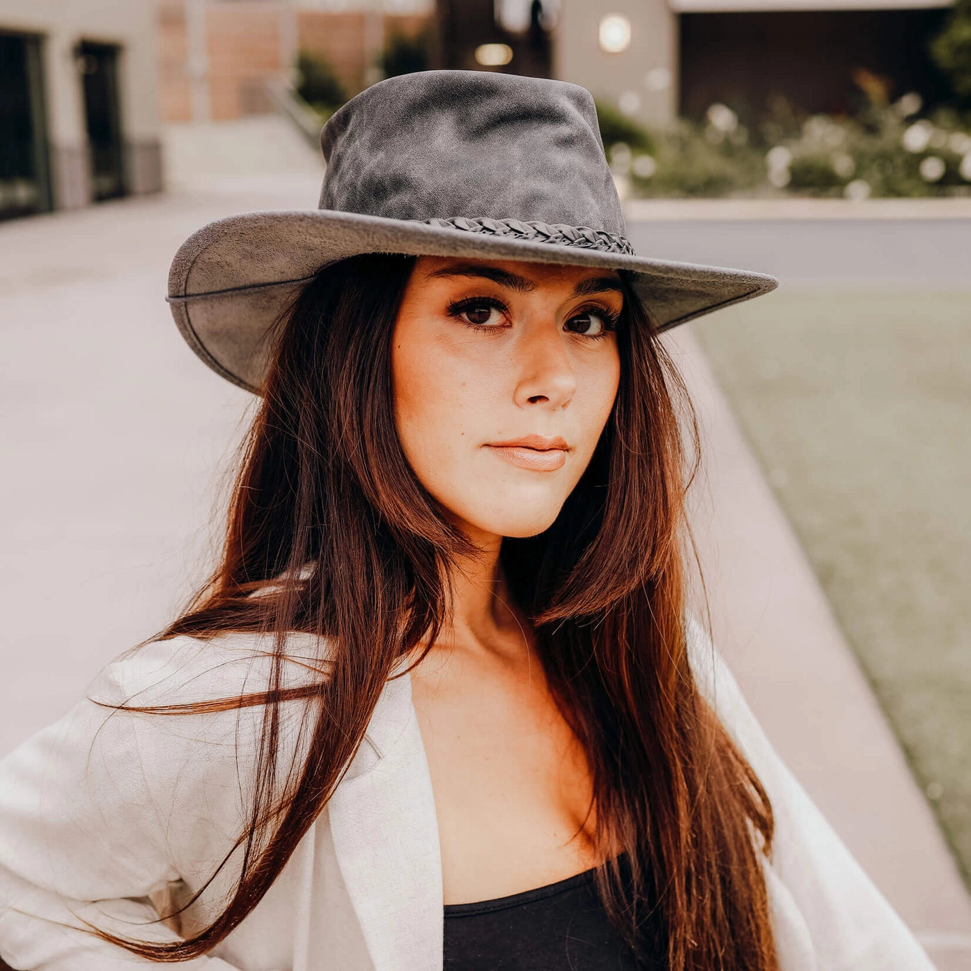 Leather Crushable Outback Hat - Bomber Grey